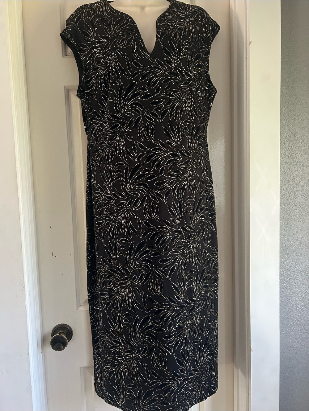 connected apparel Black Midi Dress with Silver Beaded Swirl Pattern black gold